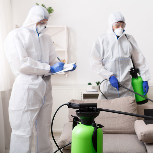 individuals cleaning in hazmat suit